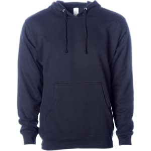 A navy blue midweight pullover hood with a front pocket and a drawstring hood. The product features a logo.