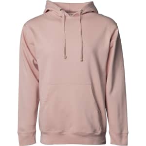 A midweight pullover hood in a soft pink colour, featuring a front pocket and an adjustable hood with drawstrings.