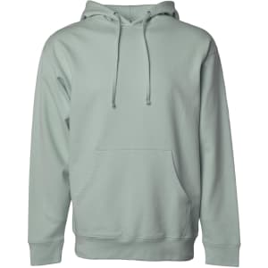 A midweight pullover hood in a soft green colour, featuring a front pocket and an adjustable hood.