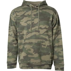 A camouflage midweight pullover hood in earthy tones with a front pocket and an attached hood. It has a logo.