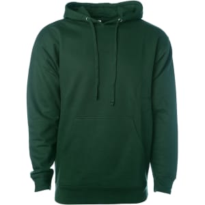 A green midweight pullover hood with a front pocket and hood, featuring a logo.