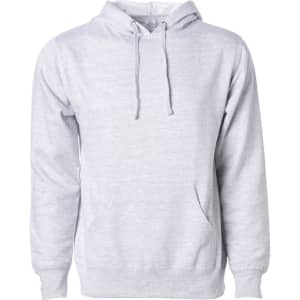 A grey midweight pullover hood with a front pocket and drawstring hood. It includes a logo.