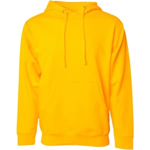 A bright yellow midweight pullover hood with a front pocket and drawstring hood. It features a logo.