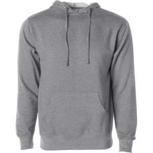 A grey midweight pullover hoodie featuring a front pocket and a hood. Includes a logo.
