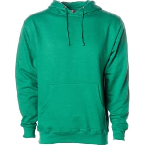 A green midweight pullover hooded sweatshirt with a front pocket and a drawstring hood. Includes a logo.