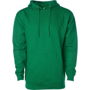 A green midweight pullover hood with a front pocket and drawstring hood. It features a logo on the front.
