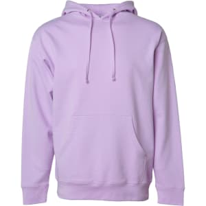 A lilac midweight pullover hood featuring a front pocket and an adjustable hood. The garment includes a logo.