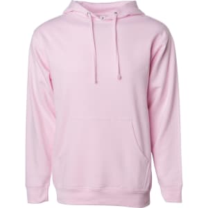 A pink midweight pullover hood with a front pocket and a hoodie design. It features a logo on the garment.