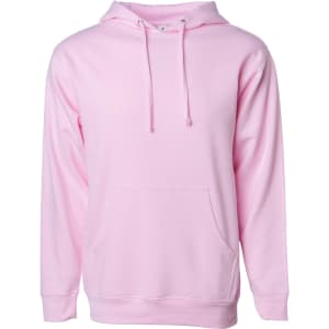 A pink midweight pullover hood with a front pocket and a hood. It features a logo.