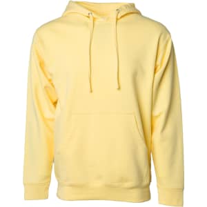 A yellow midweight pullover hood featuring a front pocket and a drawstring hood, with a logo.