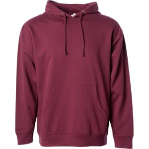 A maroon midweight pullover hoodie with a front pocket and a hood, featuring a logo.