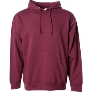 A maroon midweight pullover hoodie with a front pocket and adjustable drawstring hood. It features a logo.