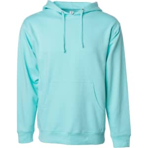 A mint green midweight pullover hood with a front pocket and a hood, featuring a logo.