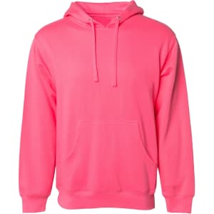 A bright pink midweight pullover hood with a front pocket and a hood. It features a logo on the chest.