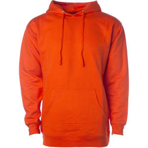 An orange midweight pullover hood featuring a front pocket and a hood with drawstrings. It also has a logo.