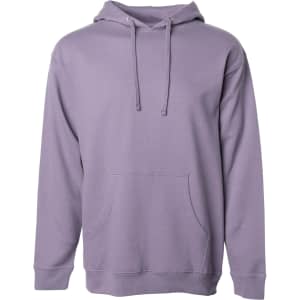 A midweight pullover hood in lavender with a front pocket and a hood, featuring a logo.