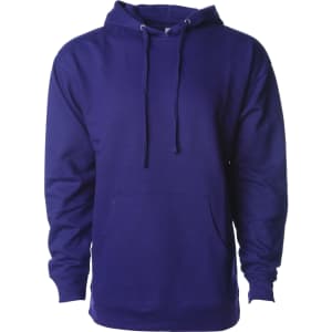 A men's midweight pullover hood in a rich purple colour, featuring a front pocket and a hood with drawstrings.