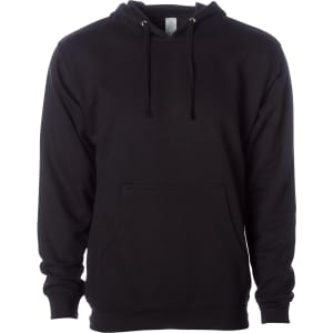 A black midweight pullover hooded sweatshirt featuring a kangaroo pocket and drawstring. It has a logo.