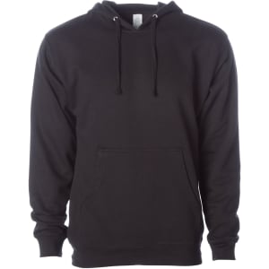 A black midweight pullover hood with a front pocket and drawstring hood, featuring a logo.