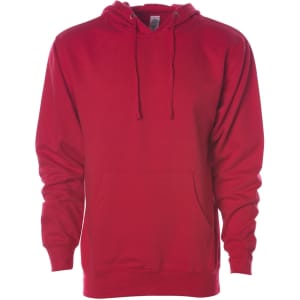 A red midweight pullover hood with a front pocket and a logo on the chest.