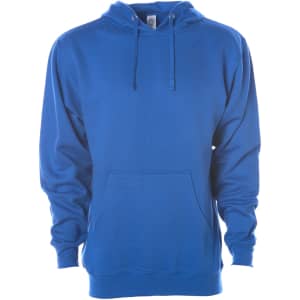 A blue midweight pullover hood with a front pocket and hood, featuring a logo.