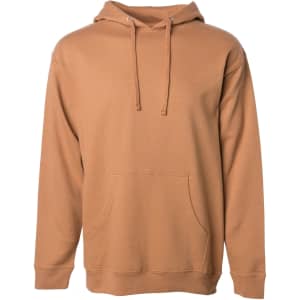 A midweight pullover hoodie in a warm brown colour with a front pocket and drawstring hood. It features a logo.