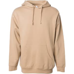 A midweight pullover hood in a beige colour, featuring a spacious front pocket and a hood with drawstrings.
