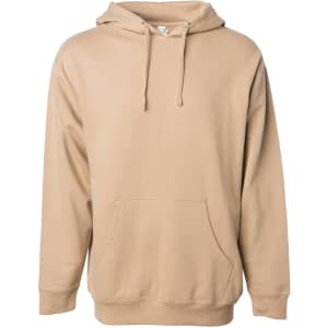 A beige midweight pullover hooded sweatshirt with a front pocket and drawstrings, featuring a logo.