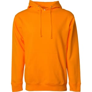 A midweight pullover hood in bright orange, featuring a front pocket and a hood with drawstrings. It has a logo.