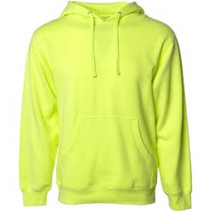 A bright yellow midweight pullover hooded sweatshirt featuring a front pocket and drawstring hood. It has a logo on it.