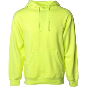 A bright yellow midweight pullover hooded sweatshirt with a front pocket and drawstrings. It features a logo.