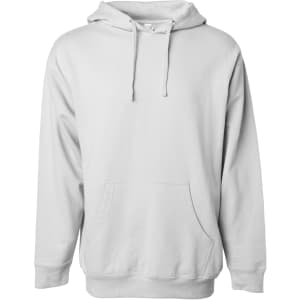 A midweight pullover hood in white, featuring a front pocket and a drawstring hood. It has a logo on the front.