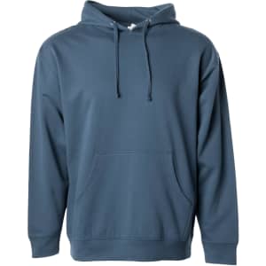 A midweight pullover hood in a blue shade with a front pocket and a hood. It has a logo on the sleeve.