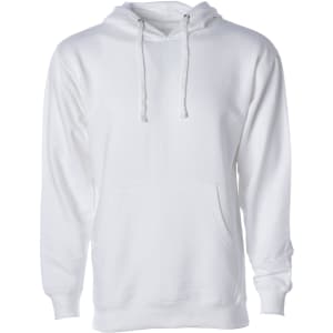 A white midweight pullover hood with a front pocket and drawstrings, featuring a logo on the front.