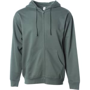 A midweight zip hood in dark green with a front zipper, drawstring hood, and pockets. It has a logo on the label.