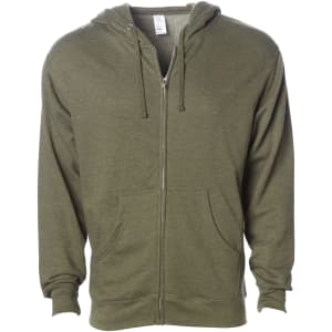 A midweight zip hoodie in olive green with a front zipper and two side pockets. Features a logo on the label.