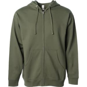 A midweight zip hoodie in olive green with a front zip, hood, and kangaroo pockets. It features a logo.