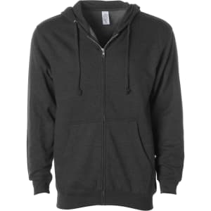 A men's midweight zip hoodie in charcoal grey, featuring a front zip and two pockets. It has a logo on the label.