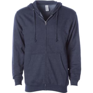 A navy midweight zip hooded sweatshirt featuring a front zipper and kangaroo pockets, with a logo present.