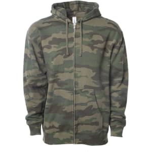 A midweight zip hoodie in camouflage pattern, featuring a hood and front pockets. It has a logo on the chest.
