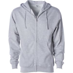 A grey midweight zip hoodie with a drawstring hood and front pockets. It features a logo on the front.