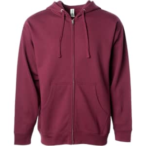 A maroon midweight zip hood with a front pocket and drawstring hood. The hoodie features a logo.