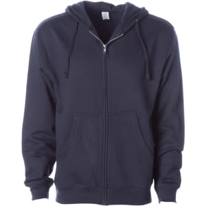 A navy midweight zip hoodie with a front pocket and drawstring hood. It features a logo on the chest.