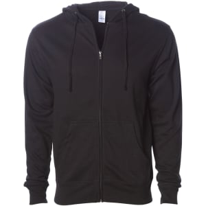 A black midweight zip hoodie featuring a front zip closure and a hood. It has a logo present.