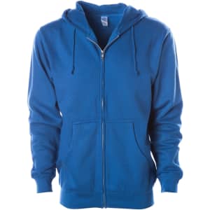 A midweight zip hoodie in vibrant blue, featuring a front zip, drawstring hood, and a logo.