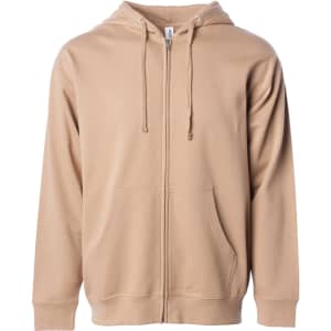 A men's midweight zip hood in a light beige colour, featuring a front zip and two pockets. It has a logo.