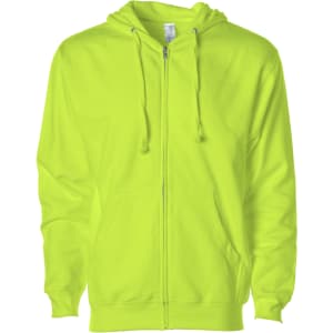 A men's midweight zip hood in bright neon yellow, featuring a front zip and an attached hood. It has a logo on the chest.