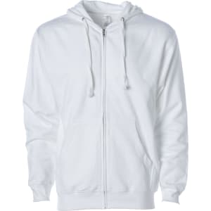 A white midweight zip hood featuring a front pocket and drawstring hood, with a branding logo.