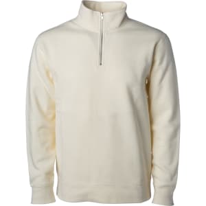 A midweight quarter zip sweater in cream, featuring long sleeves and a zippered collar. Includes a logo.