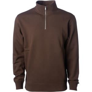 A brown midweight quarter zip jumper with a high collar and a zippered neck. It features long sleeves and a casual design.